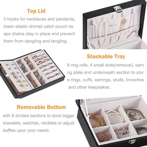 Miniatura 2 de Voova - Joyero organizador para mujeres y niñas 2 capas de almacenamiento de joyas grandes para hombres soporte para joyas de piel sintética