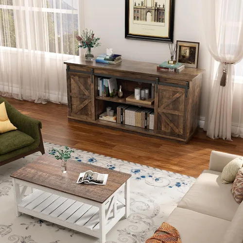 Miniatura 3 de YESHOMY - Soporte de TV para televisores de hasta 65 pulgadas, con puertas corredizas estilo granja y gabinetes de almacenamiento, mesa consola