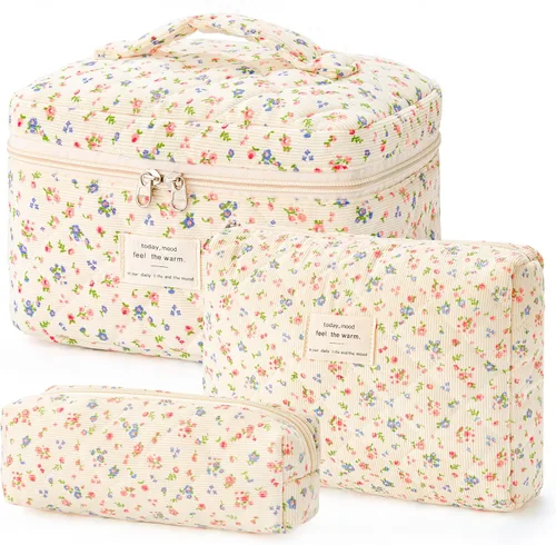 Miniatura 21 de HBselect Bolsa de maquillaje acolchada, 3 piezas de algodón grande, bolsa de maquillaje de viaje, bonita bolsa de maquillaje floral de coqueta