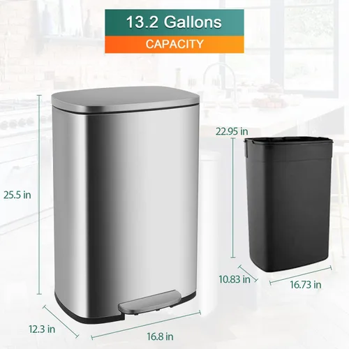 Miniatura 7 de Basurero de acero inoxidable a prueba de huellas dactilares con cubo interno extraíble y tapas con bisagras, con pedal, de 13.2 galones (50 l)
