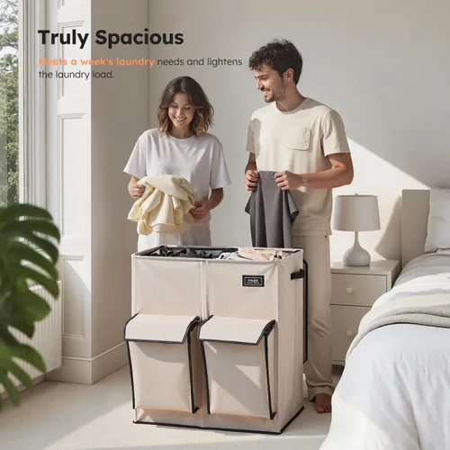 Miniatura 3 de SOLEDI Cesta doble para la ropa sucia con tapa, 47.8 galones (180 litros), cesta grande para lavandería, 2 secciones con 2 bolsillos laterales, Gris