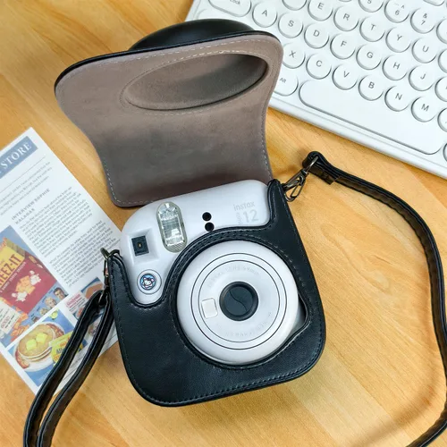 Miniatura 6 de Funda de piel sintética compatible con cámara instantánea Fujifilm Instax Mini 11 12 con correa ajustable y bolsillo (negro)