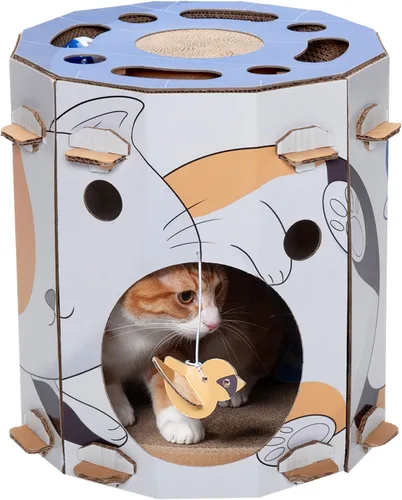 Furhaven Muebles para mascotas para gatos y gatitos – Casa de juegos para gatos con caja de rompecabezas, juguetes y hierba gatera, impresión de