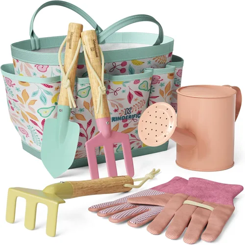 Miniatura 12 de Juego de jardinería, kit de herramientas, para niños, STEM, incluye bolsa de mano, pala, regadera, rastrillo, tenedor, paleta y guantes (Petal)