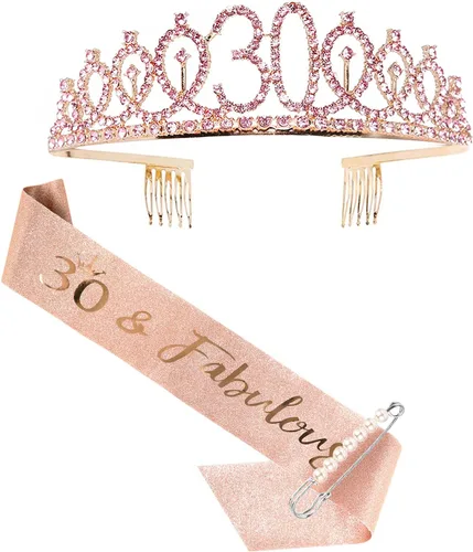 Juego de banda, tiara y banda de cumpleaños número 30 de oro rosa para ella, elegantes y fabulosos suministros de fiesta para celebración de 30 años