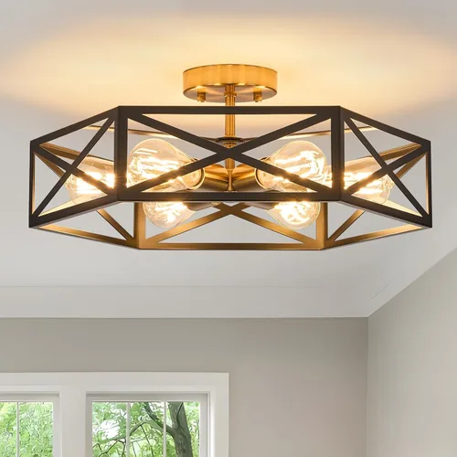 Miniatura 10 de Lámpara de Techo Moderna de Granja Negra y Dorada, Lámpara de Techo Industrial Semiempotrada, Accesorios de Iluminación Hexagonal para Pasillo