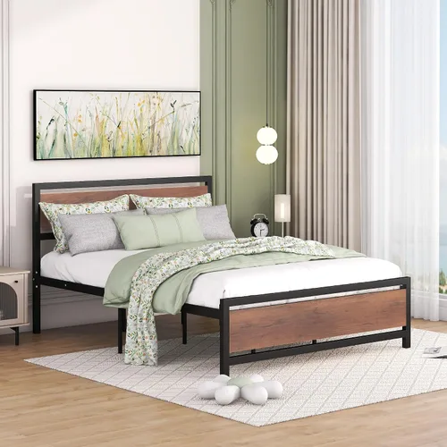 Miniatura 3 de Base de cama de plataforma tamaño Queen con cabecera de madera rústica vintage, marco de cama resistente con almacenamiento, no necesita somier