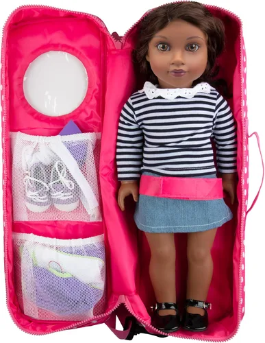 Estuche de transporte para muñecas – (lunares rosados) para cualquier muñeca de 18 pulgadas – Organizador de almacenamiento de accesorios de viaje
