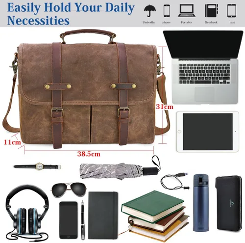 Miniatura 3 de Bolso mensajero para hombre de 15.6 pulgadas, impermeable, de cuero auténtico, encerado, maletín de lona grande, bolso de hombro de cuero resistente