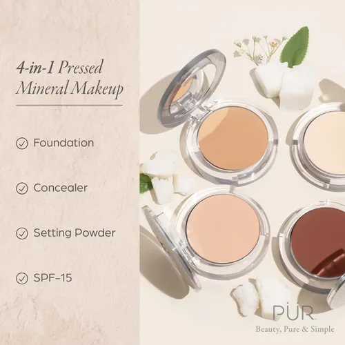 Miniatura 2 de PÜR MINERALS Base de Maquillaje Mineral Prensada 4 en 1 en Polvo con SPF 15 - Corrector y Compacto de Acabado en Polvo Prensado para Rostro - Base