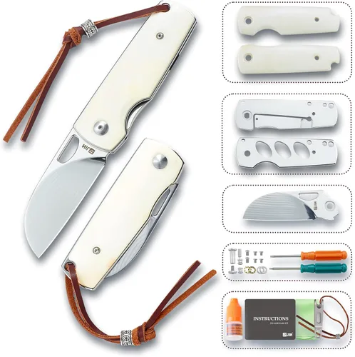 JIN Vaquero - Cuchillo de bolsillo para hombre, hoja de damasco pulida de 2.75 pulgadas, EDC plegable con mango de hueso, kit de bricolaje con clip