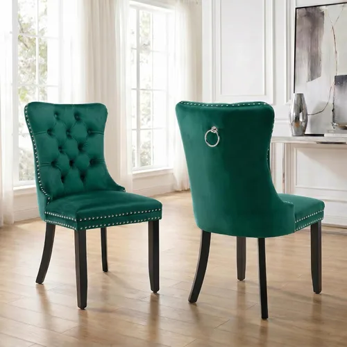 Miniatura 81 de Velvet Dining Chairs Set of 2, Tufted High Chairs with Nailhead Trim, Pull Ring, Black Solid Wood Legs, Elegant Upholstered Accent Chairs for Dining