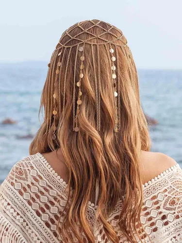 Miniatura 3 de Yean Diadema de lentejuelas doradas para adultos, joyería bohemia para el cabello, borla para festival, disfraz para mujeres y niñas