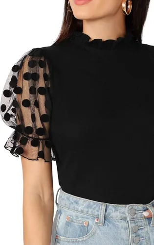 Miniatura 4 de OYOANGLE Blusa casual de verano de manga corta con encaje y cuello alto falso para mujer