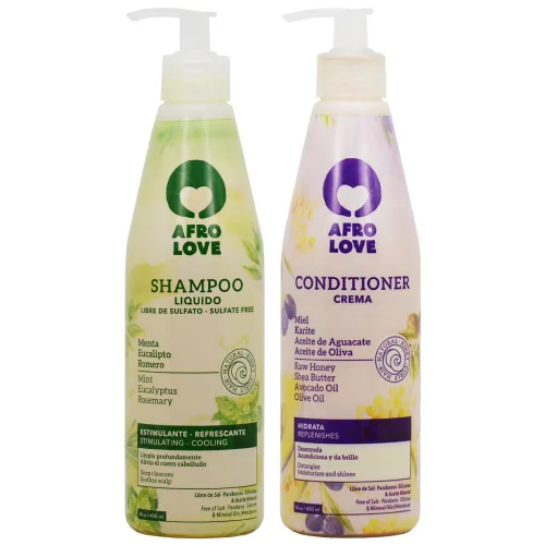 Afro Love Set de champú y acondicionador, champú refrescante de 16 onzas y acondicionador hidratante de 16 onzas, sin sulfatos, nutritivo para
