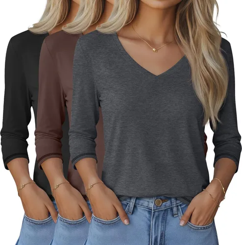 Miniatura 29 de Ficerd Paquete de 3 camisetas de manga 3/4 para mujer, cuello en V, blusas holgadas, blusas casuales, ropa de moda 2026