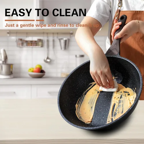 Miniatura 4 de Kordisen Wok antiadherente con tapa, woks y sartenes de 12 pulgadas, revestimiento de piedra de granito para cocinar, utensilios de cocina de Negro