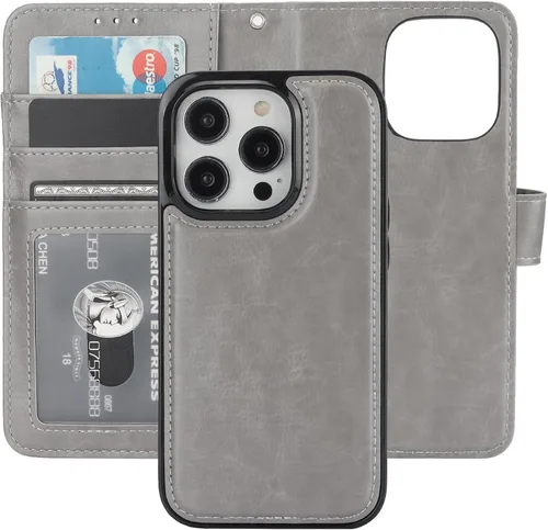 Miniatura 17 de Bocasal Funda tipo cartera desmontable para iPhone 14 Pro con bloqueo RFID, ranuras para tarjetas, soporte magnético de piel sintética de alta Negro