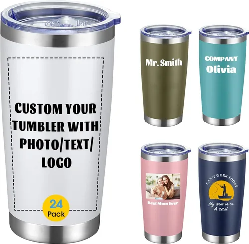 COMOOO Vaso de regalo personalizado de acero inoxidable de 20 onzas con tapa, aislamiento personalizado con logotipo de texto y foto, color blanco,