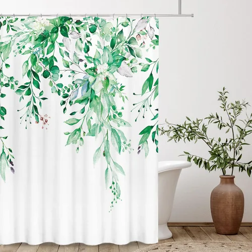 Miniatura 105 de Tititex Spun Sugar - Juego de cortinas de ducha de eucalipto azul claro, hojas de acuarela brillantes en la parte superior, decoración floral