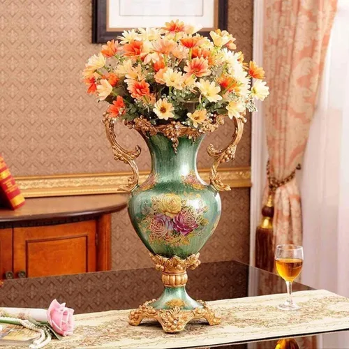 Miniatura 2 de Florero para decoración de flores, florero de resina natural para flores, tarro verde de patas altas, estilo europeo, lujoso, accesorios