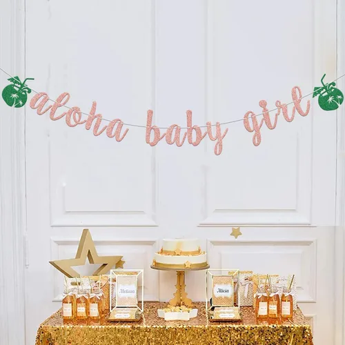 Miniatura 4 de Banner de Aloha con purpurina de oro rosa para bebé, decoración de fiesta de baby shower, temática tropical, decoración de revelación de género