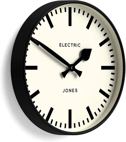 JONES CLOCKS® Reloj de pared Tiger | Reloj moderno de estación redonda | 12 pulgadas | Negro | Aspecto de diseñador genial para cocina, sala de