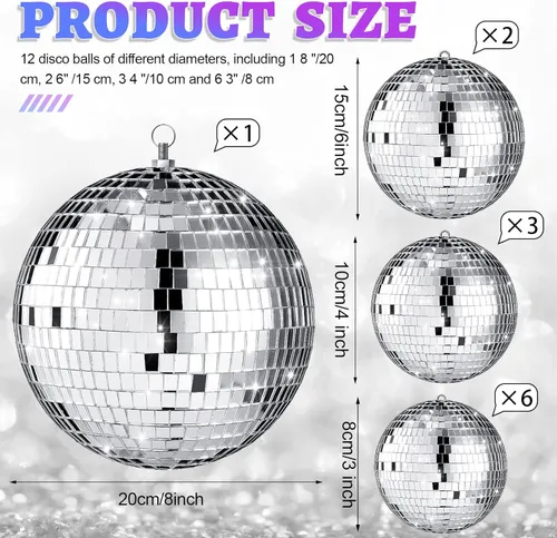 Miniatura 3 de Libima Paquete de 12 Bolas de Discoteca Grandes de Decoración Navideña de Diferentes Tamaños Espejo Plateado Colgantes Adornos de Bola de Discoteca