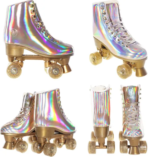 Miniatura 6 de JajaHoho Patines de ruedas para mujer, patines de cuero PU holográficos de alta calidad, patines de cuatro ruedas brillantes de doble fila