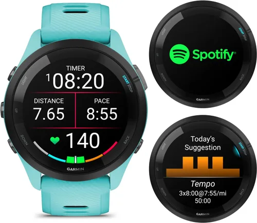Miniatura 3 de Garmin Forerunner 265 Music GPS Reloj inteligente para correr de 46 mm, Aqua con pantalla táctil AMOLED de 1.3 pulgadas y auriculares negros