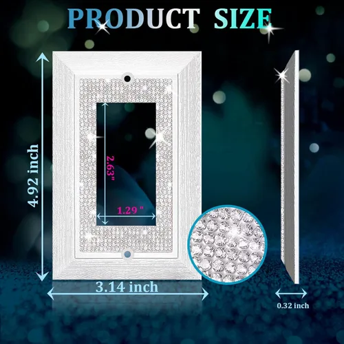 Miniatura 2 de Cubierta para interruptor de luz, con purpurina, bonitas cubiertas de placa de interruptor con diamantes de imitación plateados, textura blanca