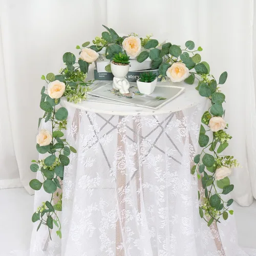Miniatura 5 de TOCHGREEN Paquete de 2 Guirnaldas de Flores de Eucalipto Artificial de 12 Pies con Rosas Champán, Guirnalda de Flores de Rosa Falsa Verdor