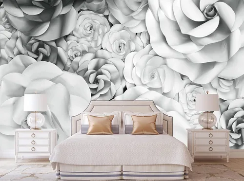 Miniatura 3 de Bormia Mural de pared con rosas blancas 3D, papel tapiz gris y blanco para decoración de dormitorio de niñas y sala de estar 022