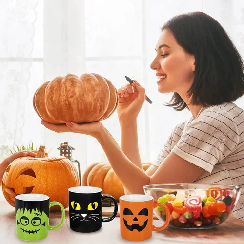 Miniatura 5 de Whaline Juego de 4 tazas de Halloween de 12 onzas con diseño de calabaza, gato, monstruo, fantasma, tazas de cerámica a juego para el hogar