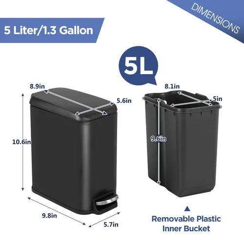 Miniatura 7 de BestOffice Cubo de Basura Delgado con Tapa, 1.3 Galones, Pedal de Paso, Cubo de Basura Pequeño, Negro, Cubo de Acero Inoxidable para Baño