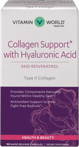 Vitamin World Soporte de colágeno con ácido hialurónico 90 cápsulas, apoya la piel sana, soporte antioxidante, colágeno BioCell tipo II,
