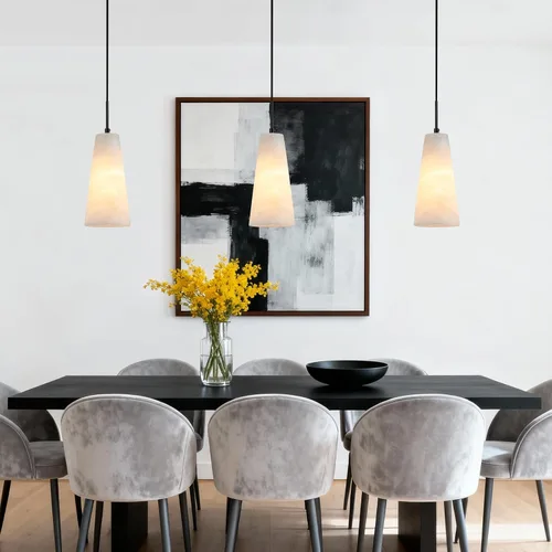 Miniatura 6 de Luces colgantes de alabastro natural, isla de cocina, pantalla cónica de mármol blanco, modernas lámparas de techo negras para mesa de comedor, sala