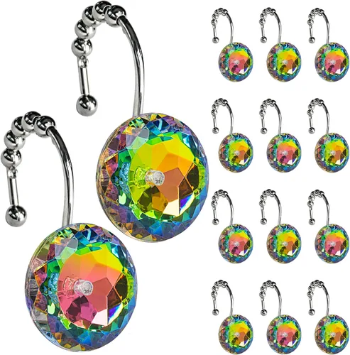 Miniatura 11 de Sunlit Diseño de Lujo Redondo Aqua Azul Diamante Cristal Gema Bling con Bolas Deslizantes Ganchos para Cortina de Ducha, Anillos para Cortina