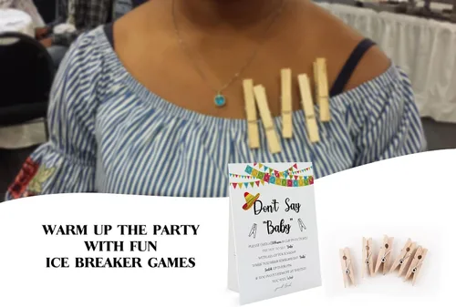 Miniatura 3 de Fiesta Don't Say Baby Game (1 letrero y 50 mini pinzas naturales) Juego de Don't Say Baby Shower, decoraciones de baby shower, juegos de baby