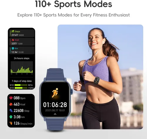 Miniatura 5 de Reloj Inteligente Podómetro Deportivo, Rastreador de Fitness Llamada Bluetooth Frecuencia Cardíaca Oxígeno en Sangre Monitor de Sueño, 100 Modos Azul