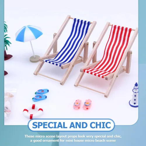 Miniatura 9 de Juego de accesorios de playa en miniatura 1 12 escala micro escena decoración con silla plegable para tomar el sol y paraguas para casa de muñecas