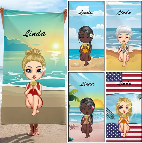 Toalla de playa personalizada Chibi Bestie, hawaiana en la playa, piscina, fiesta para niños pequeños, niñas, regalos, mejores amigas, toalla de