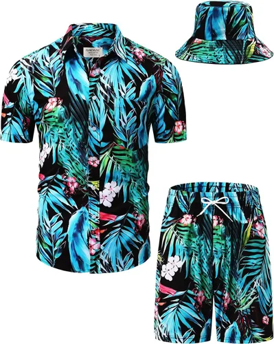 Miniatura 51 de TUNEVUSE Conjunto de camisas y pantalones cortos hawaianos para hombre, 2 piezas, trajes de playa con estampado de flores, traje tropical de verano