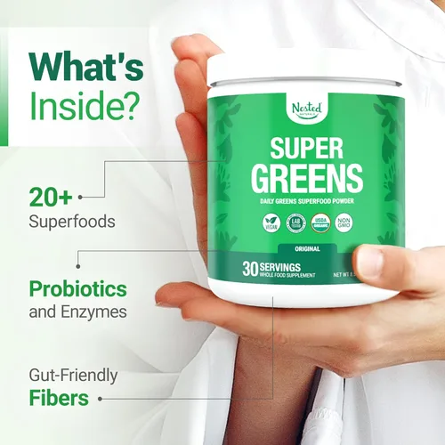 Miniatura 3 de SUPER GREENS Veggie Greens Superfood en polvo con 20 ingredientes orgánicos: espirulina, chlorella, cebada y otros, además de frutas orgánicas