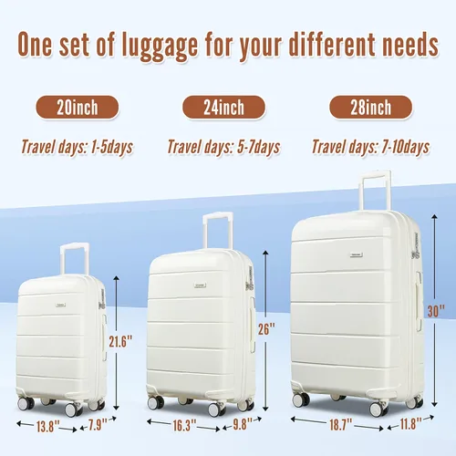 Miniatura 7 de Joyway maleta de equipaje, Blanco, Equipaje Spinner Ruedas Hardside Equipaje 8pcs Set Ligero Pp Durable Equipaje Con Tsa Lock..