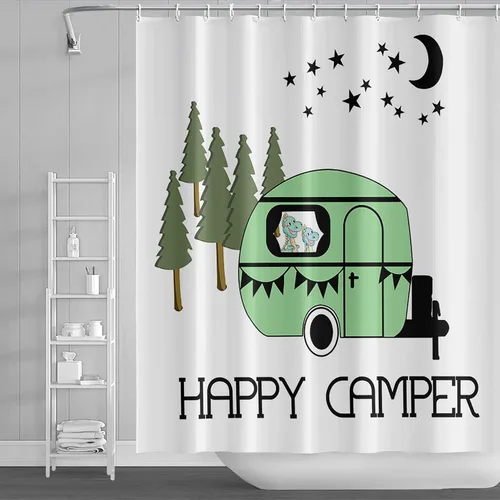 Miniatura 8 de Cortina de ducha Happy Camper de 48 x 72 pulgadas, diseño de caricaturas, remolque, hoguera, aventura al aire libre, cortina de baño para decoración