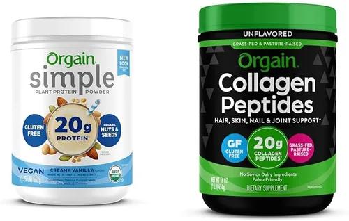 Orgain Polvo de proteína vegana simple orgánica, vainilla con péptidos de colágeno en polvo, proteína a base de plantas, soporte para las