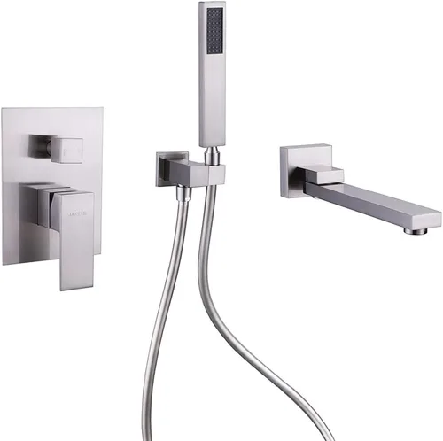 Grifo de bañera montado en la pared con ducha de mano, grifo de ducha de baño de latón macizo de níquel cepillado con boquilla de agua giratoria de