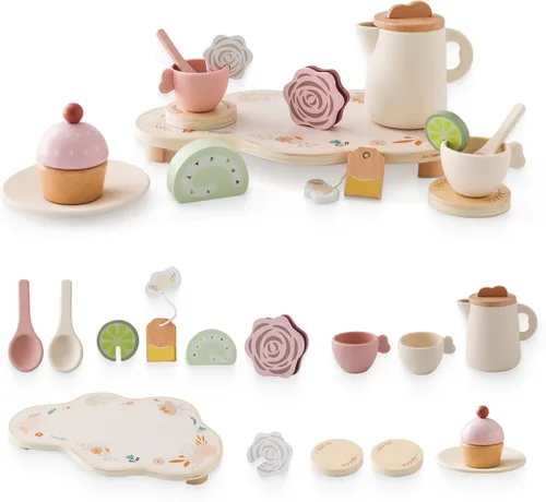 Miniatura 7 de Juego de fiesta de té para niños, juego de té de madera para niñas y niños pequeños, accesorios de cocina de juego para niños, juego de té apto