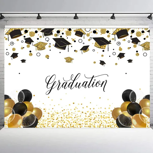 Miniatura 7 de Telón de fondo de graduación de 5 x 3 pies para sesión de fotos, globos negros y dorados de la clase de 2024, felicitaciones, fiesta de graduación